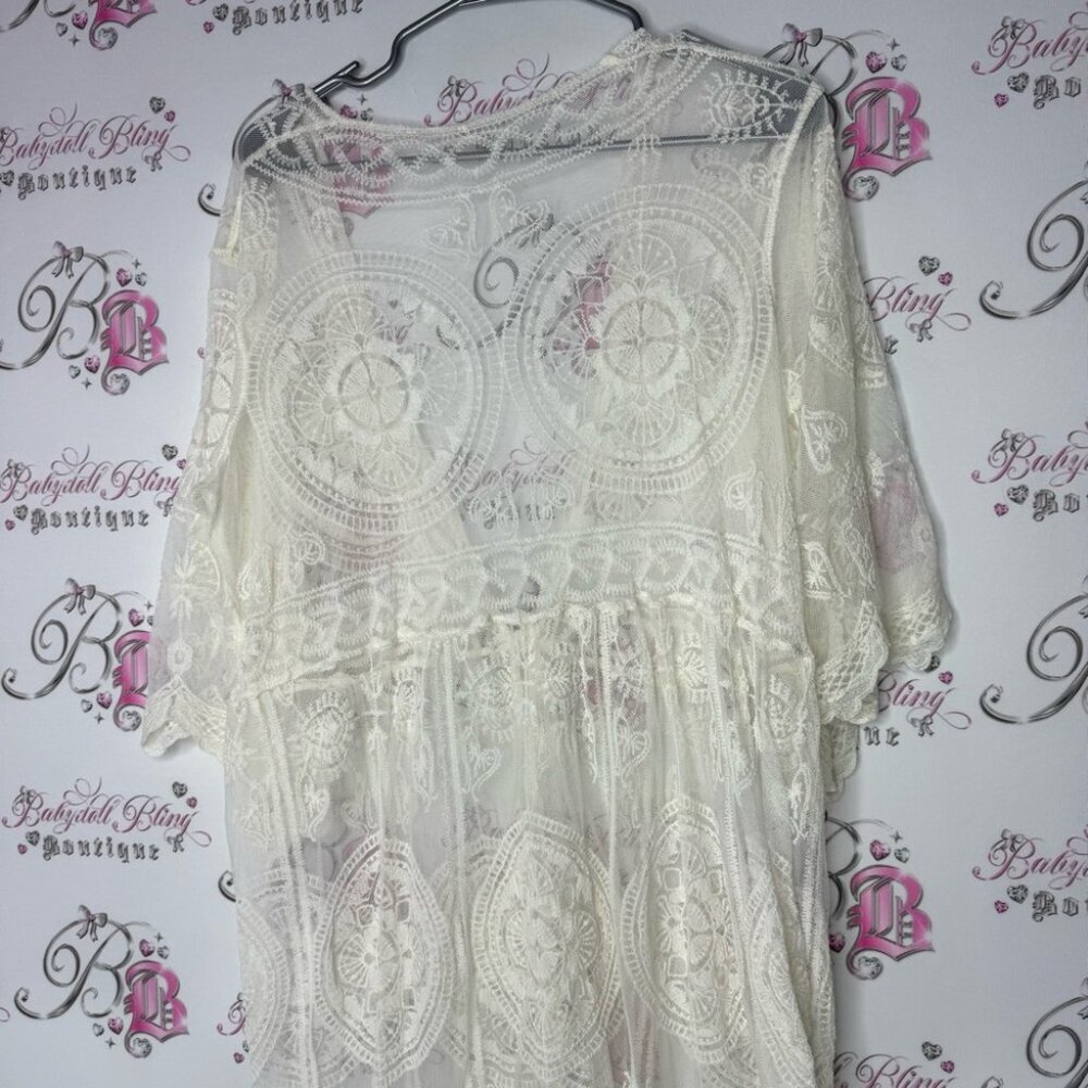 Cardigan Bohemian Lace Kimono Cardigan - White cream tie up ribbon belt ONESIZE - Picture 6 of 11